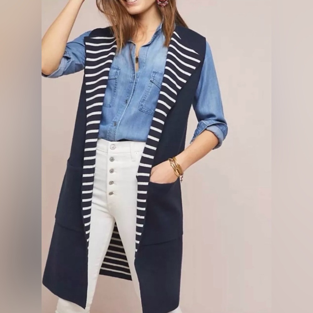 Anthropologie Moth Longline Sweater Vest‎ Blue White Stripe OS Nautical Preppy